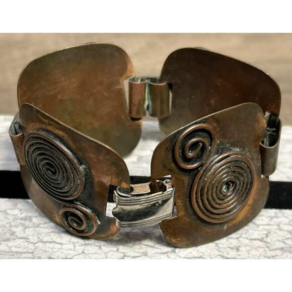 Vintage Solid Copper Modernist Retro Panel SWIRLS Link Bracelet - Picture 2 of 5